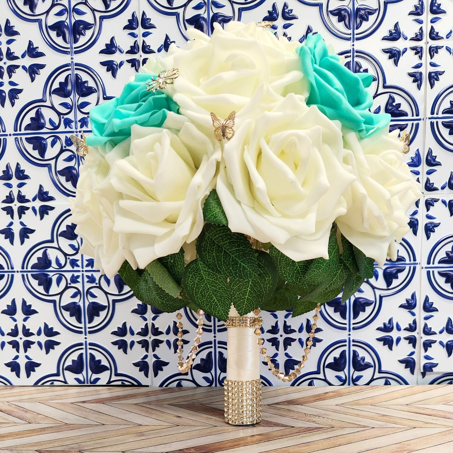 Artificial Real Touch Rose Bouquet - Royal Jasmine - Ivory & Teal - Oddsizes