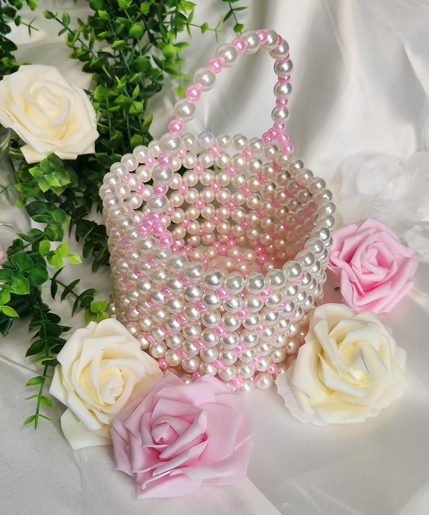Pink and Ivory - Flower girl Pearl Basket "Nya" Style - Oddsizes