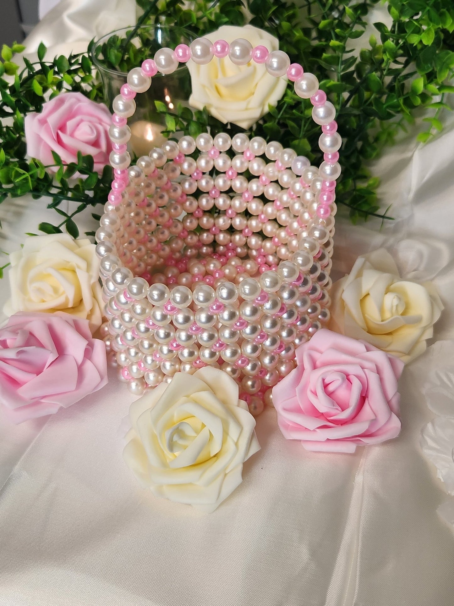 Pink and Ivory - Flower girl Pearl Basket "Nya" Style - Oddsizes