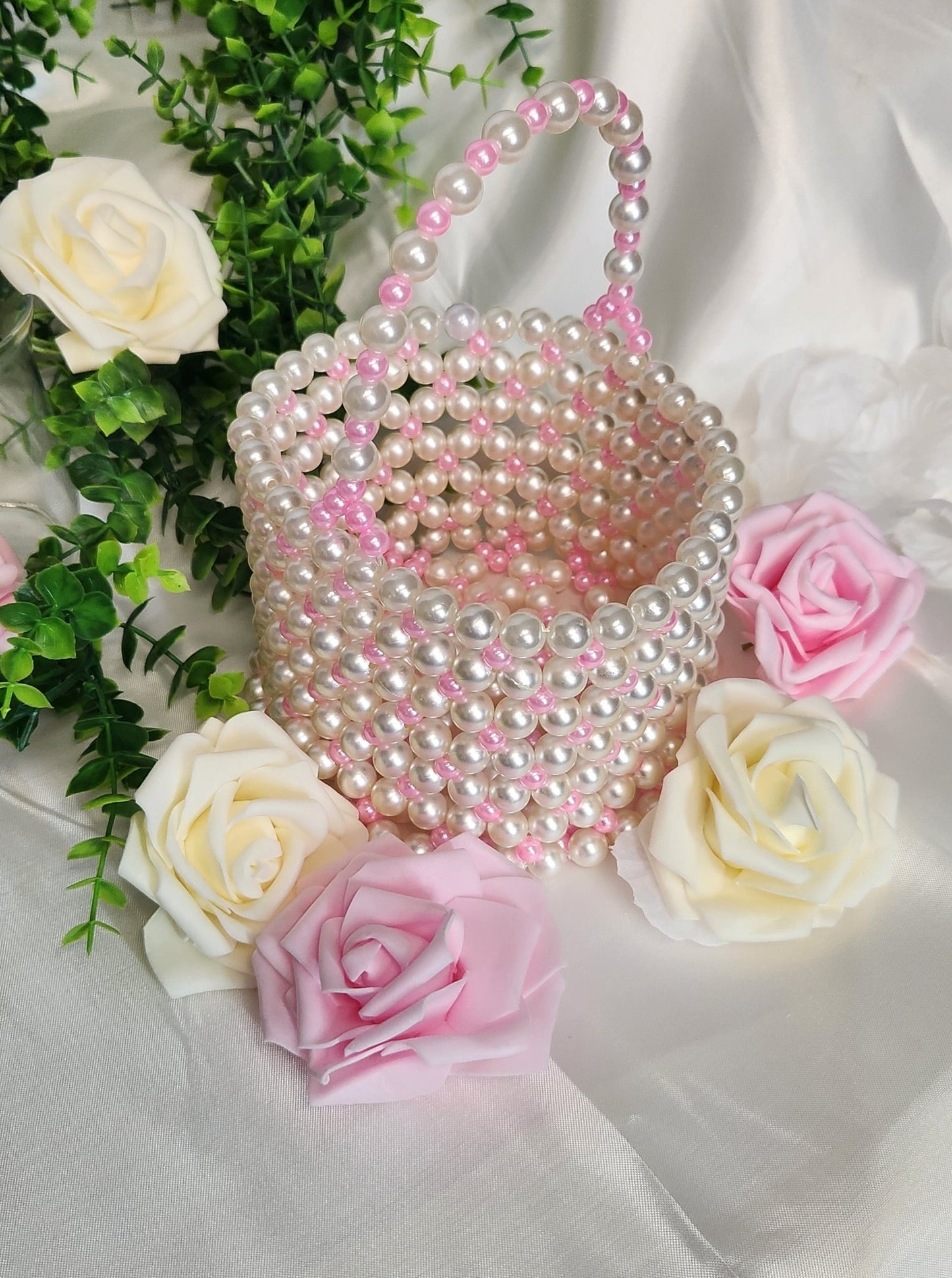 Pink and Ivory - Flower girl Pearl Basket "Nya" Style - Oddsizes